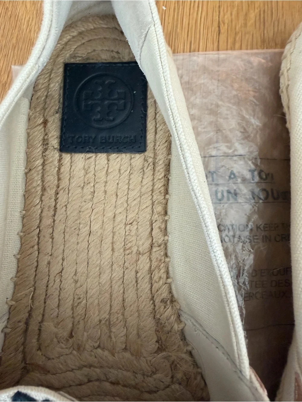 Tory Burch Canvas Espadrilles in Cream with Black & Tan Logos